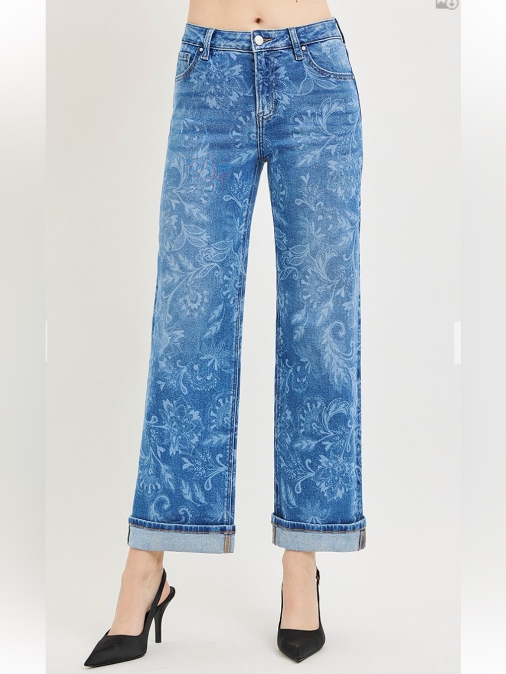 Women's Blue Floral-Print Wide Leg Jeans